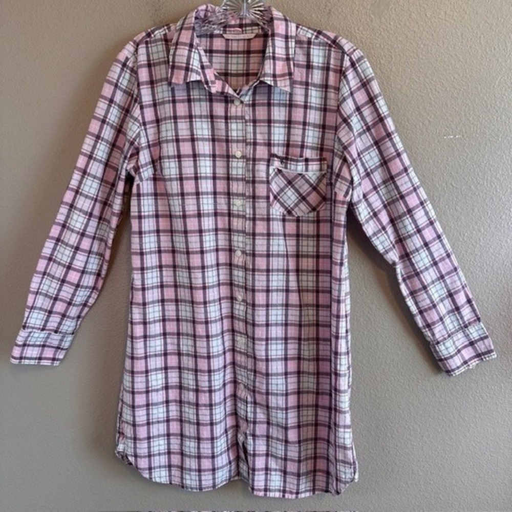 Victoria's Secret Pink & Gray Flannel Plaid Long Sleeve Nightshirt Pajama MD